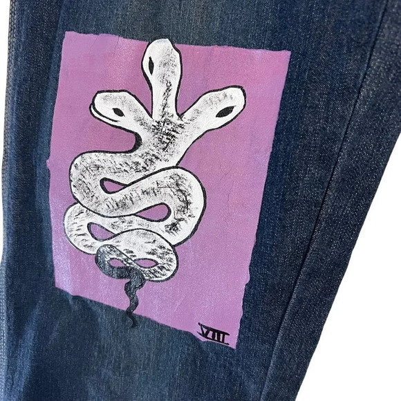 Riveted by Lee Hand Painted Jeans Size 10 Long Dark Wash Handmade Custom Bottoms - Picture 5 of 11